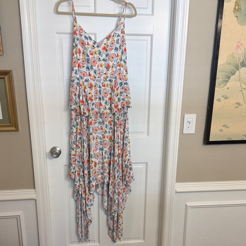FARROW Dress with Subtle Peplum with Blue, Golden Yellow & Coral Print